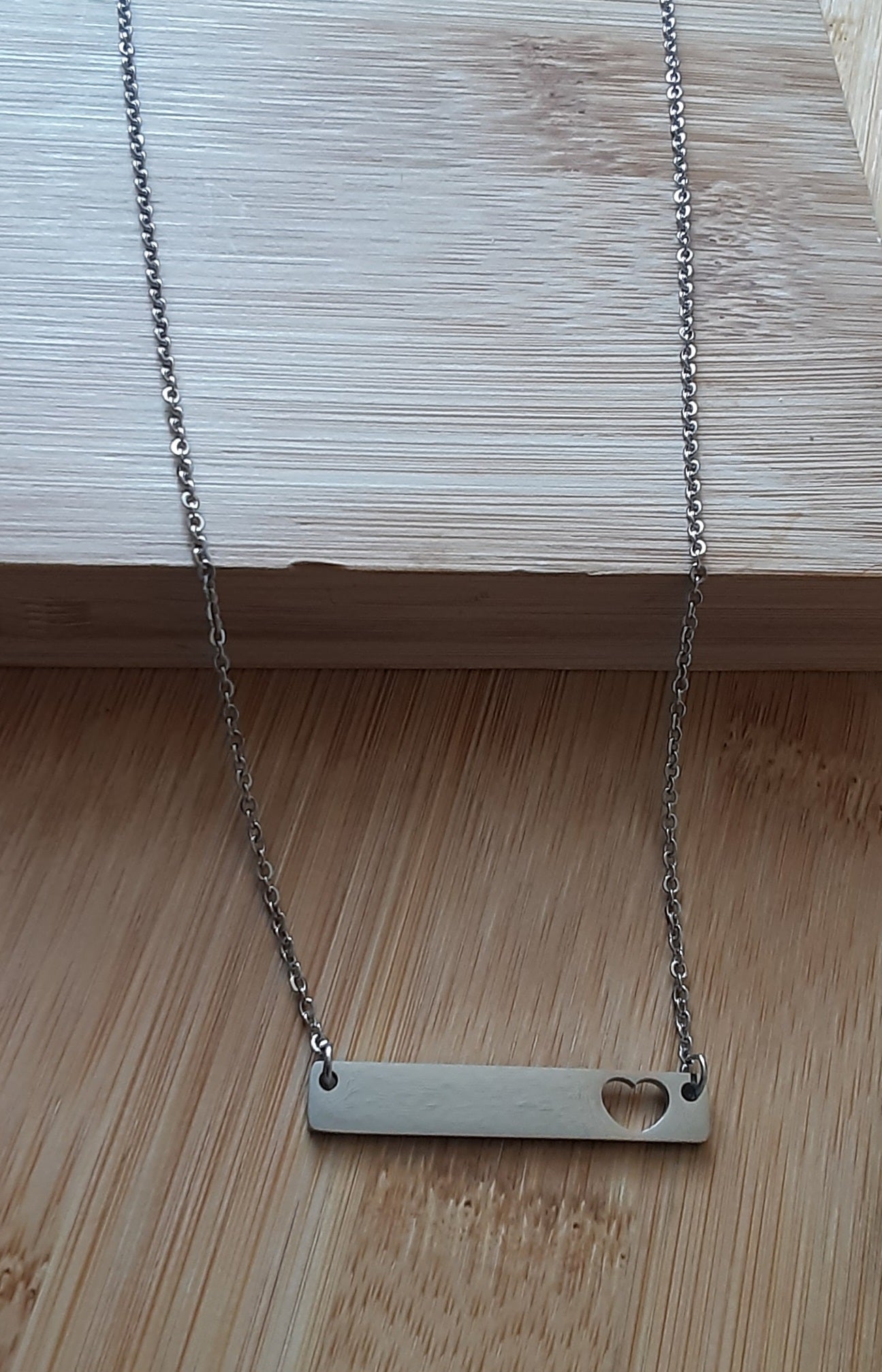 Stainless Steel Silver Engraved Bar With Heart Cut Out Necklace