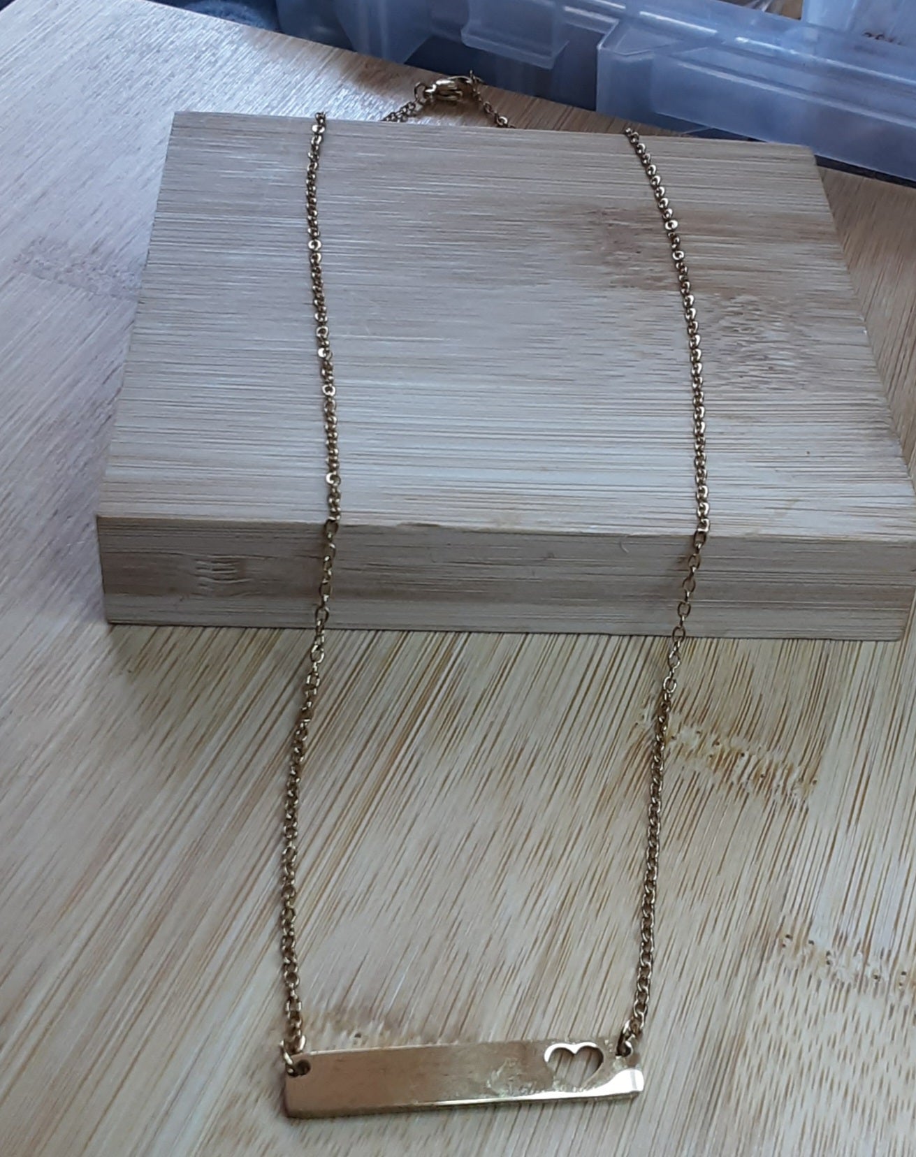 Stainless Steel Gold Bar With Heart Cut-Out Engraved Necklace