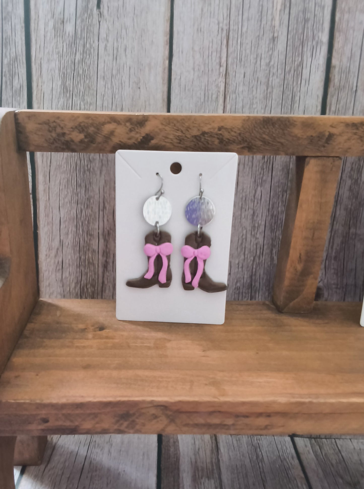 Coastal Cowgirl Polymer Clay Boot Earrings with Pink Bows