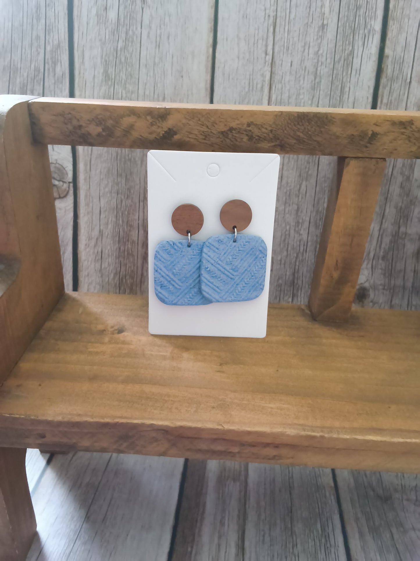 Textured Denim Blue Square Drop Earrings with Earthy Brown Studs