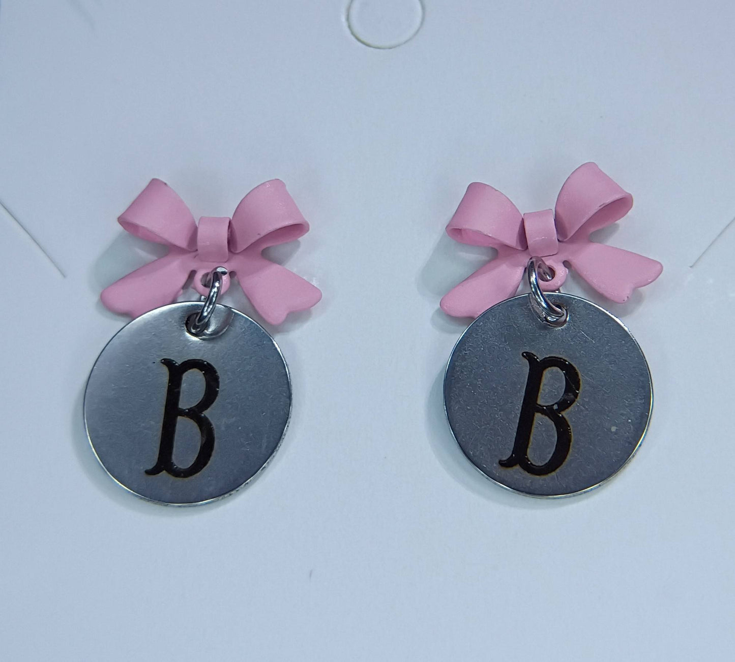 Pink (Letter B) bow stud earrings