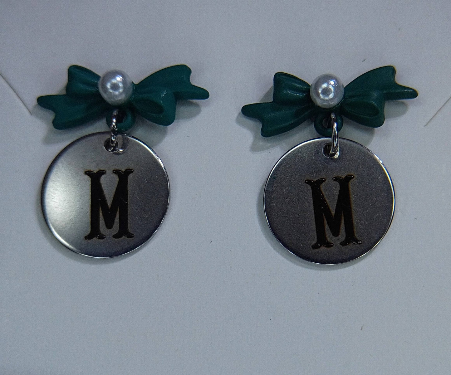 Green with Imitation Pearl (Letter M) bow stud earrings