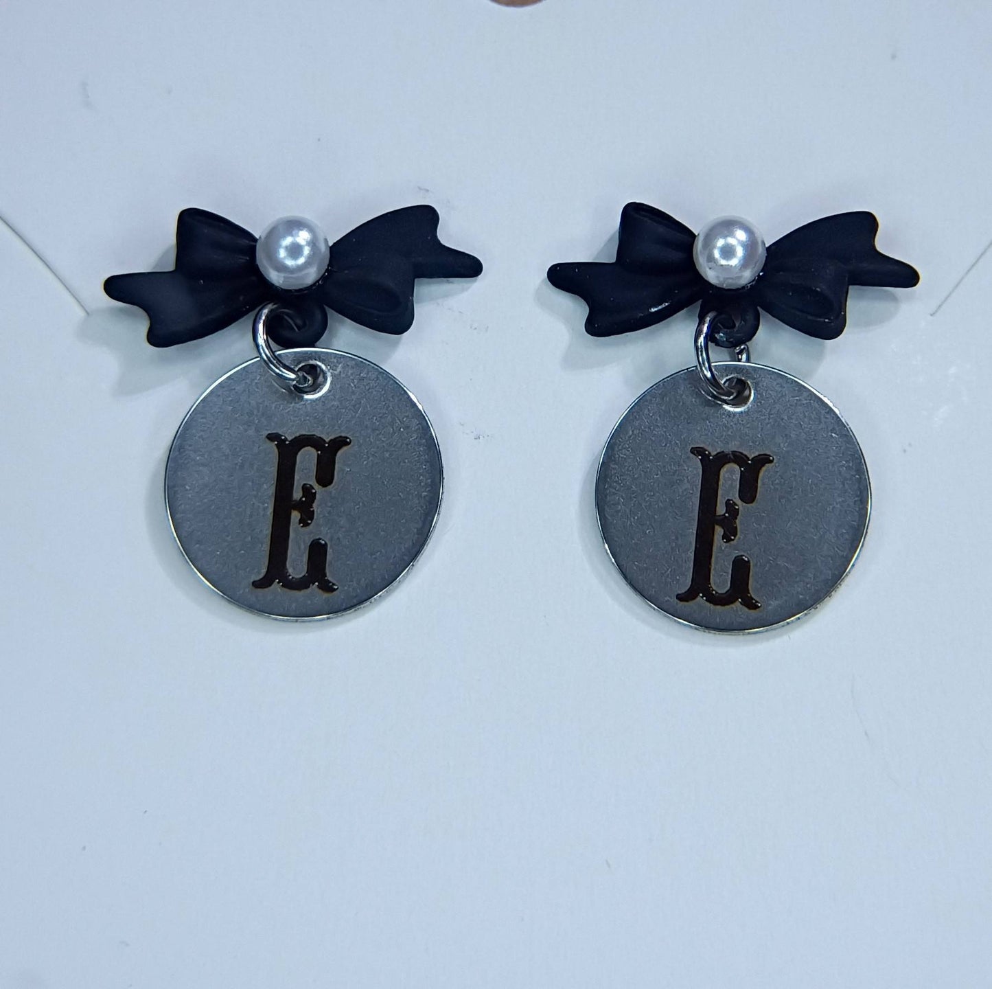 Navy Blue with Pearl (Letter E) bow stud earrings