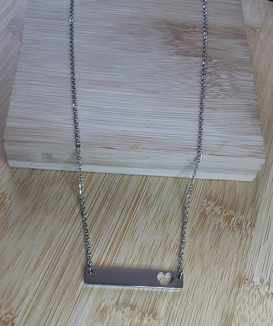 Stainless Steel Silver Engraved Bar With Heart Cut Out Necklace