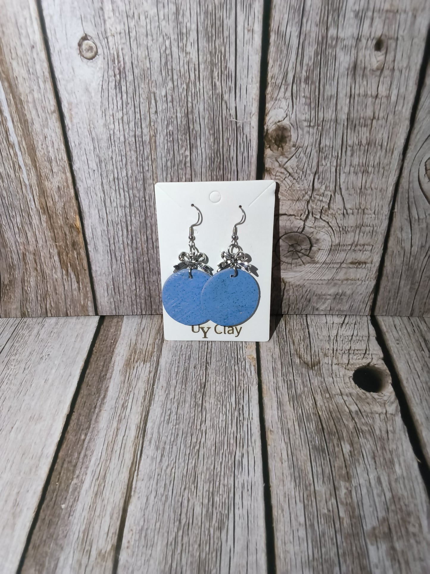 Periwinkle Speckled Disc Earrings with Silver Bow Accents