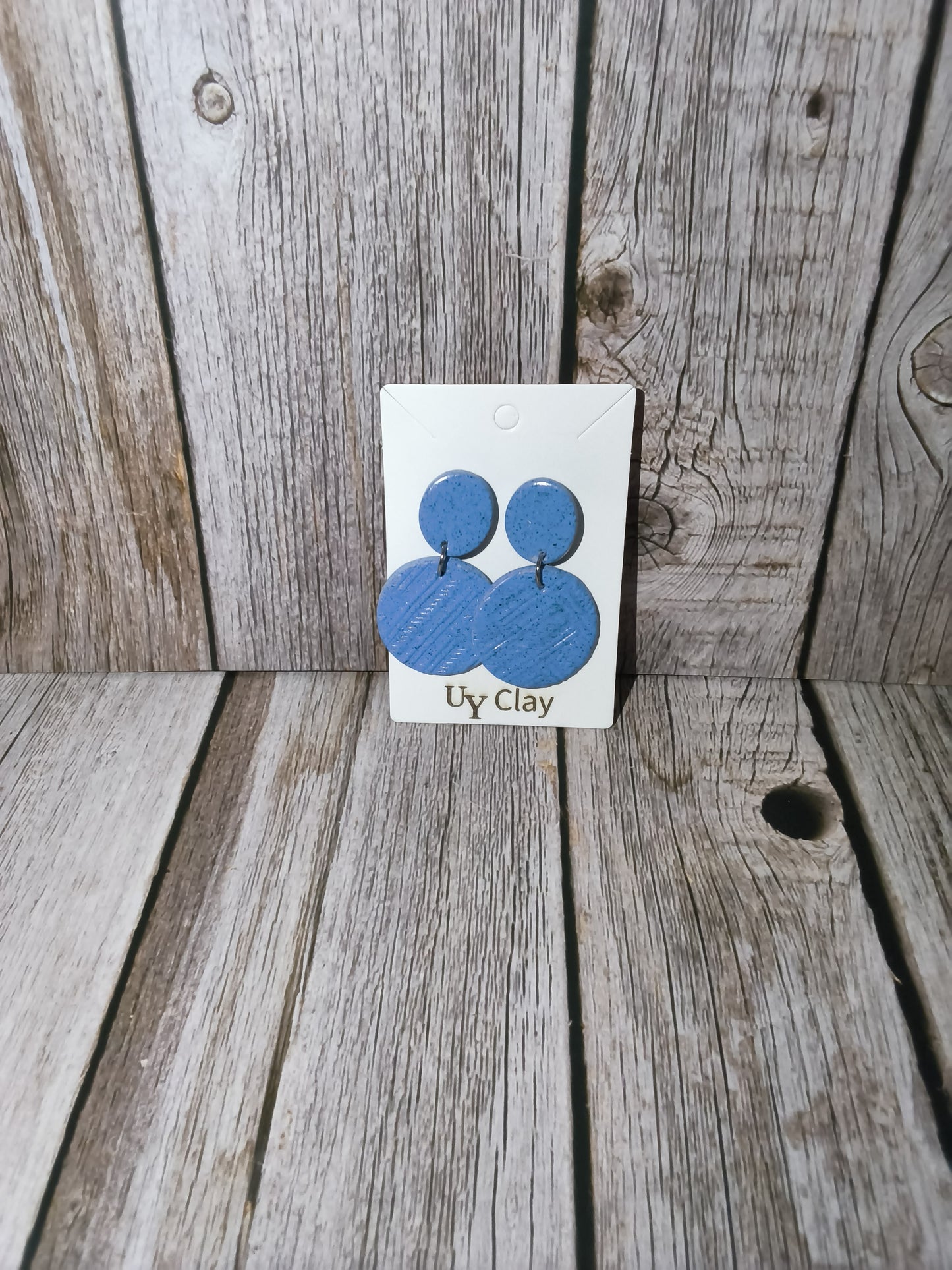 Textured Denim Blue Geometric Double Circle Polymer Clay Earrings
