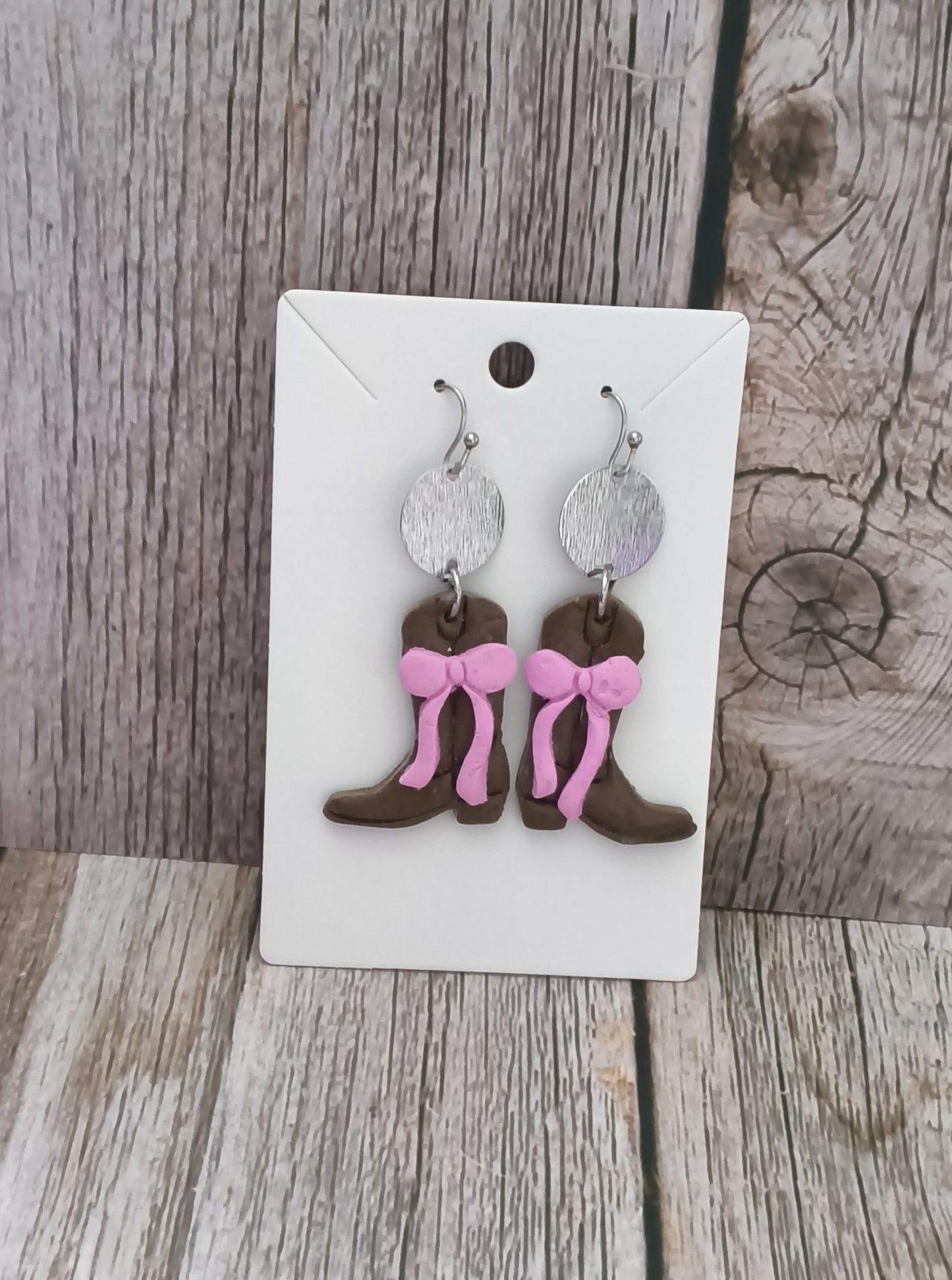 Coastal Cowgirl Polymer Clay Boot Earrings with Pink Bows