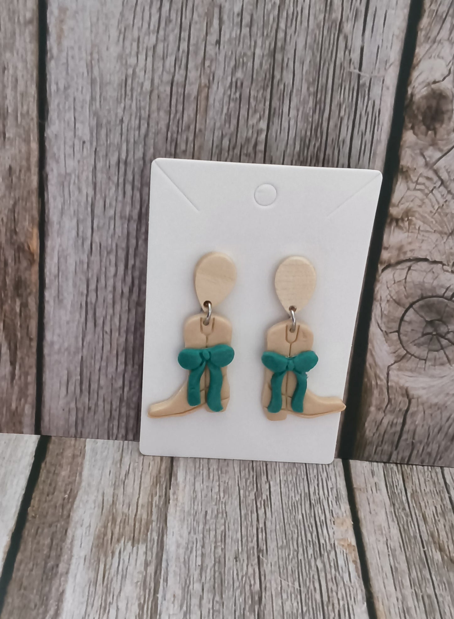 Coastal Cowgirl Polymer Clay Boot Earrings with Turquoise Bows
