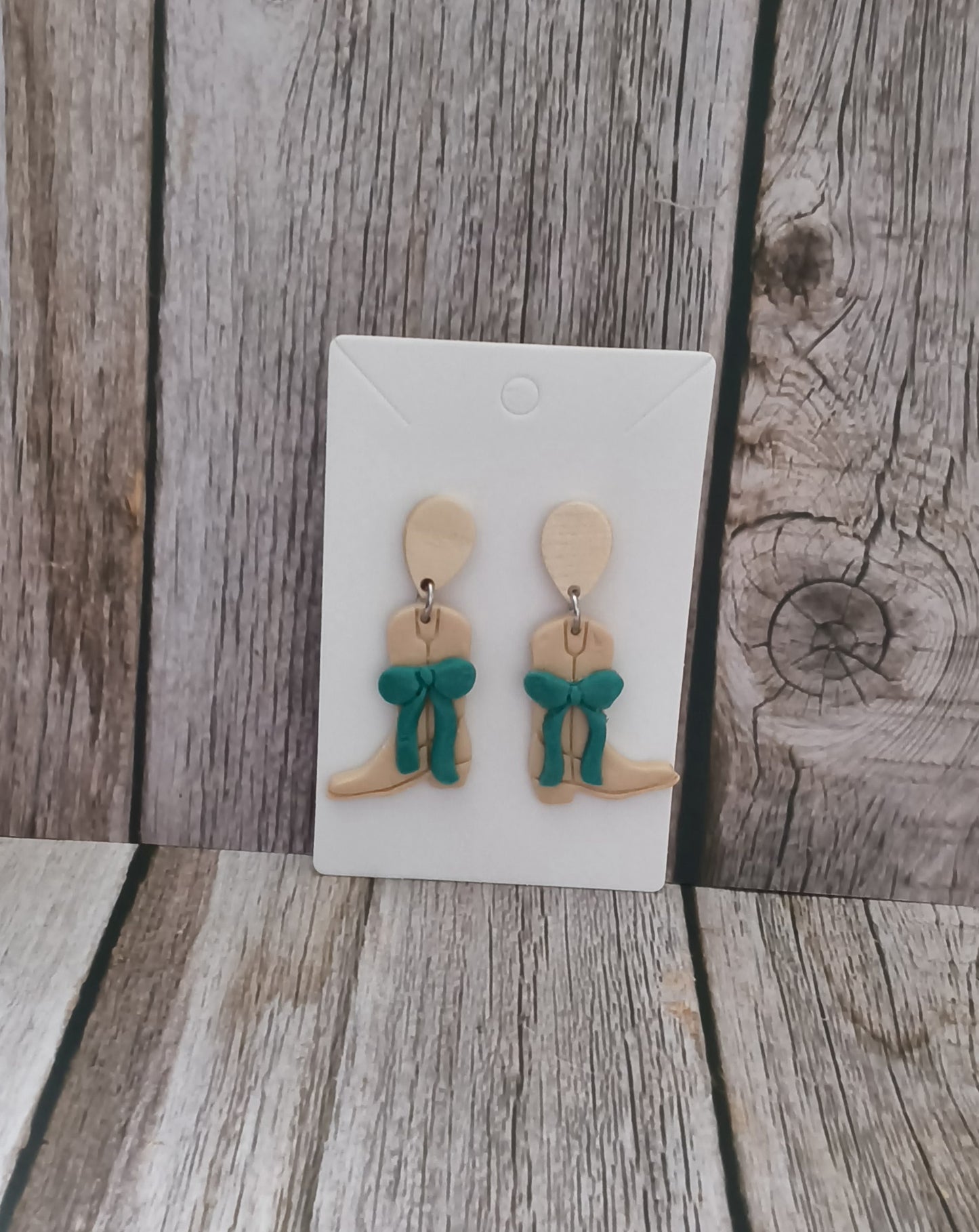 Cream Polymer Clay Cowgirl Boot Earrings with Teal Bows With Wood Tear Stud Topper