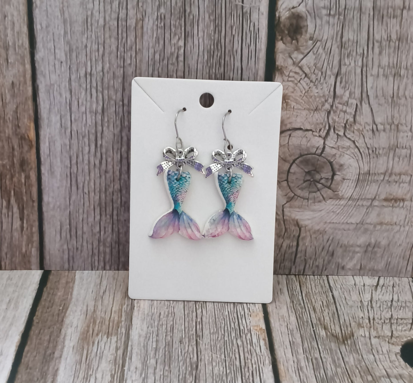 Pastel Mermaid Tail Clay Earrings with Silver Bow Accents