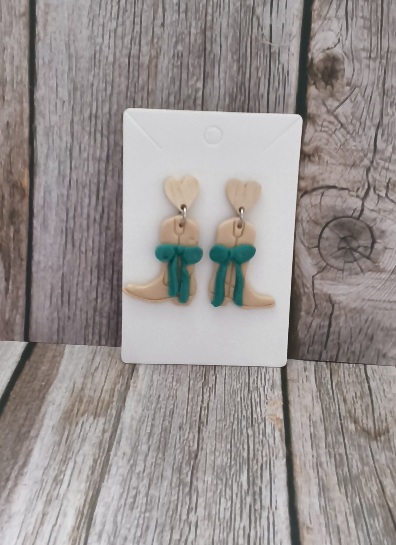 Coastal Cowgirl Polymer Clay Boot Earrings with Turquoise Bows