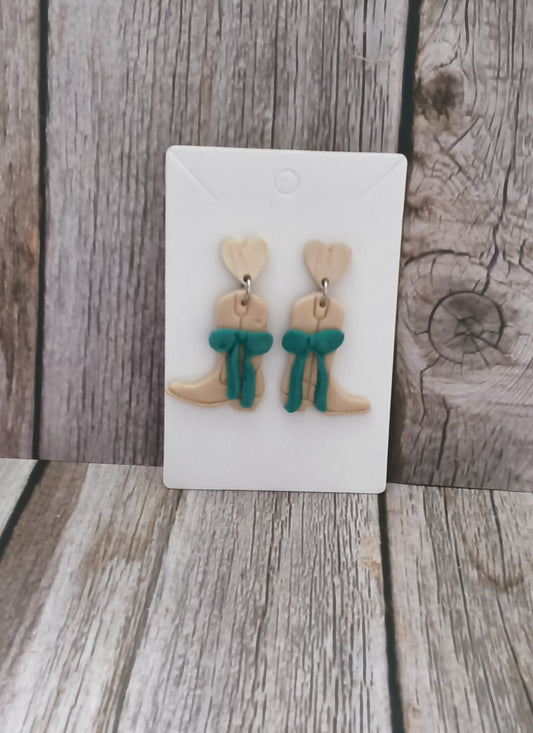 Coastal Cowgirl Polymer Clay Boot Earrings with Turquoise Bows