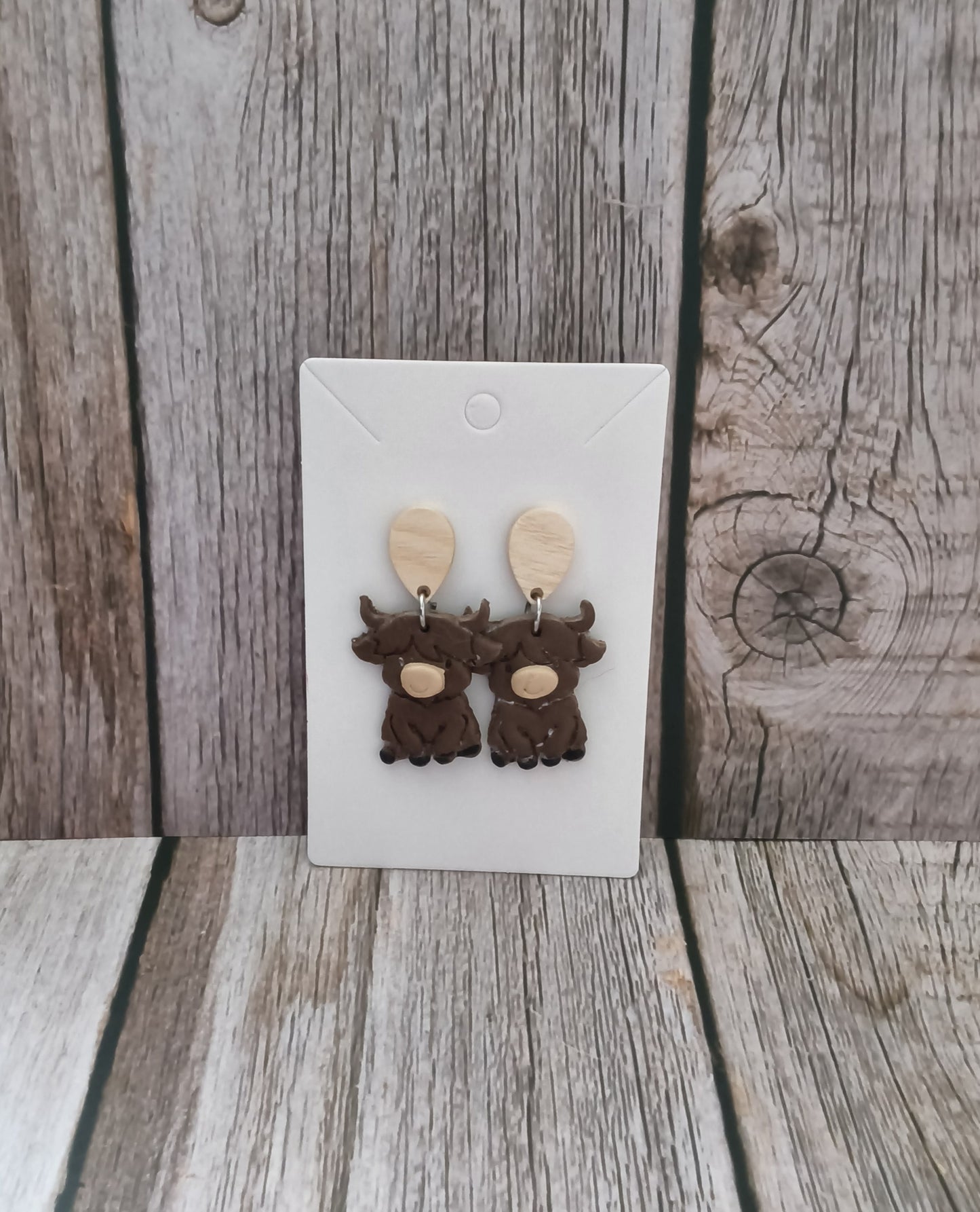 Highland Cow Polymer Clay Earrings with Wooden Tear Drop Studs