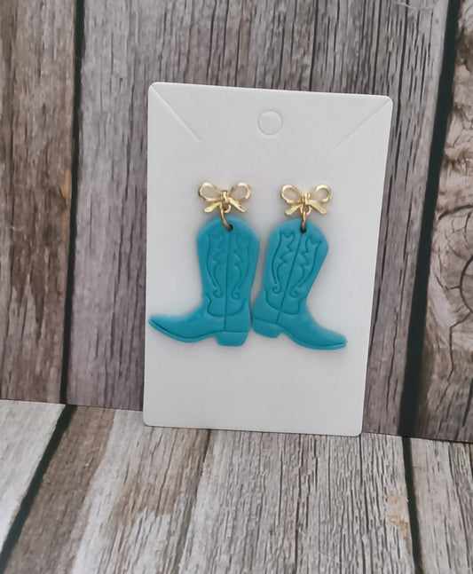 Turquoise Polymer Clay Cowgirl Boot Earrings with Gold Bows