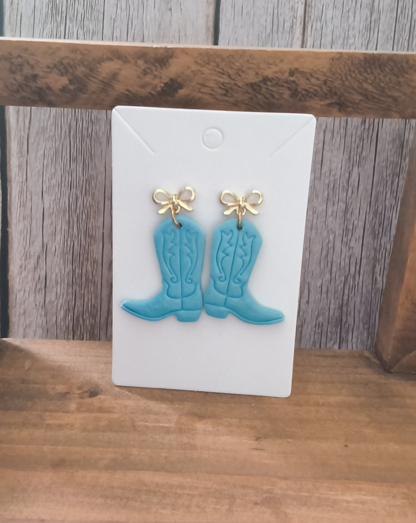 Turquoise Polymer Clay Cowgirl Boot Earrings with Gold Bows
