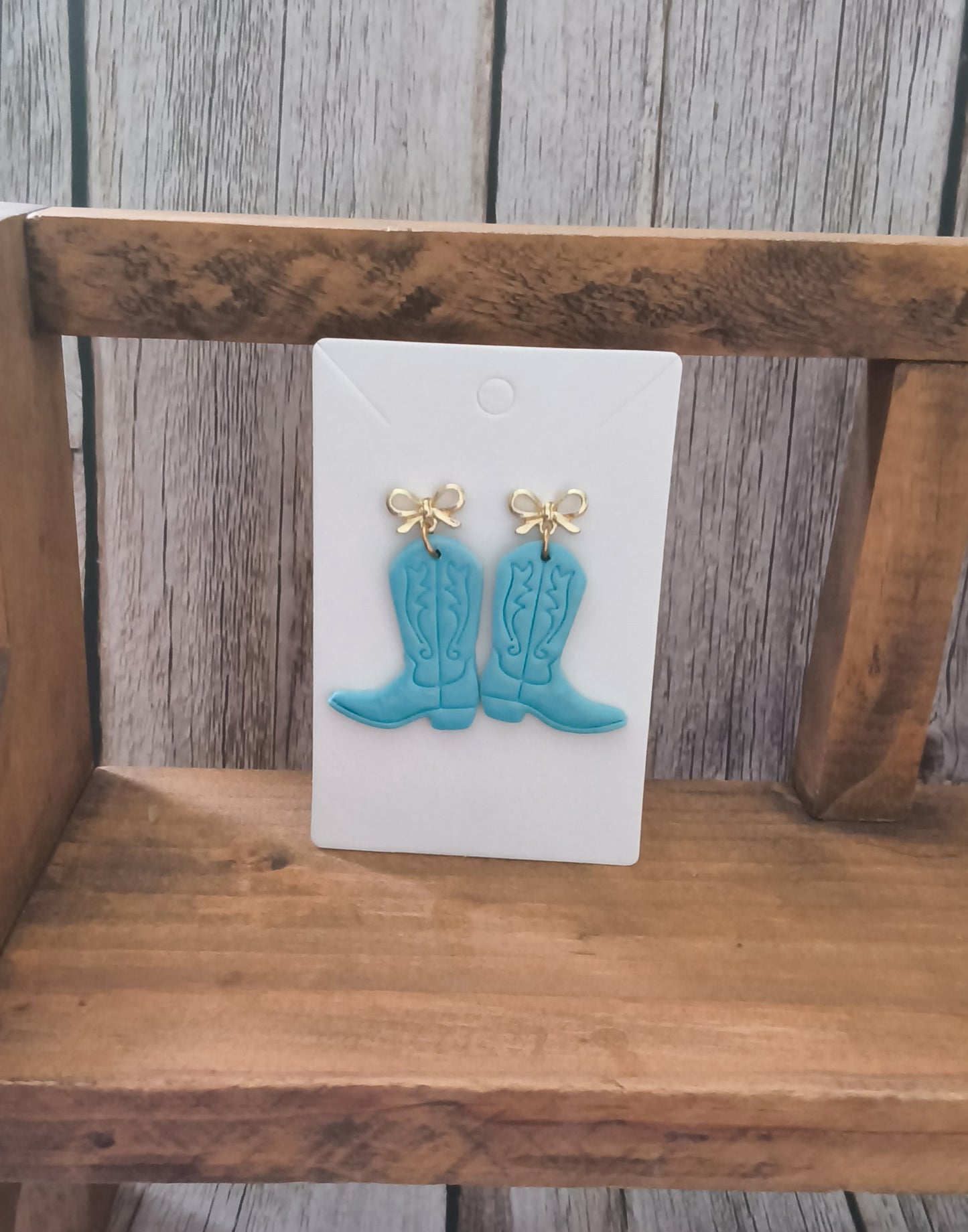Turquoise Polymer Clay Cowgirl Boot Earrings with Gold Bows