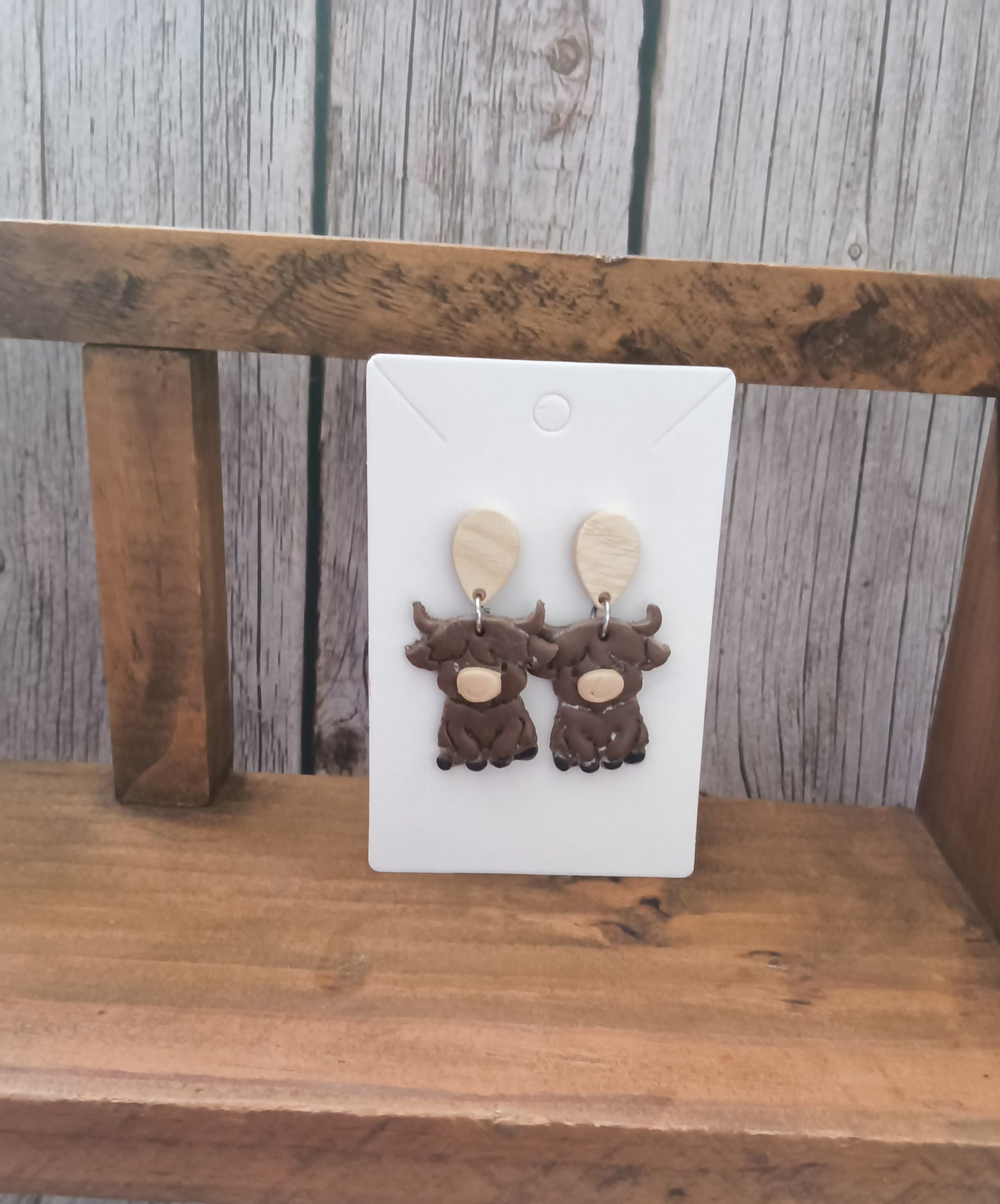 Highland Cow Polymer Clay Earrings with Wooden Tear Drop Studs