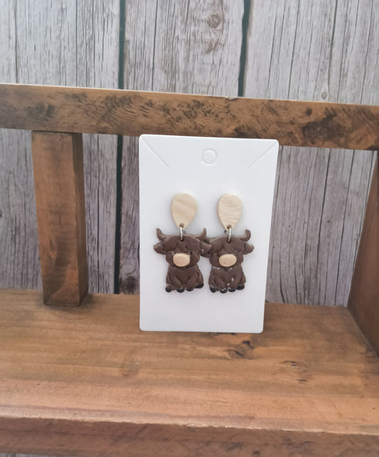 Highland Cow Polymer Clay Earrings with Wooden Tear Drop Studs