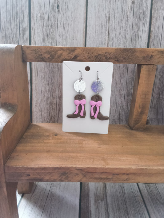 Coastal Cowgirl Polymer Clay Boot Earrings with Pink Bows
