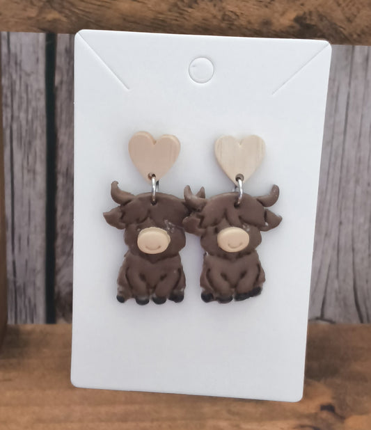 Highland Cow Polymer Clay Earrings with Heart Studs