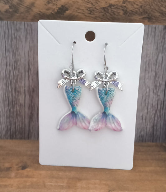 Pastel Mermaid Tail Clay Earrings with Silver Bow Accents