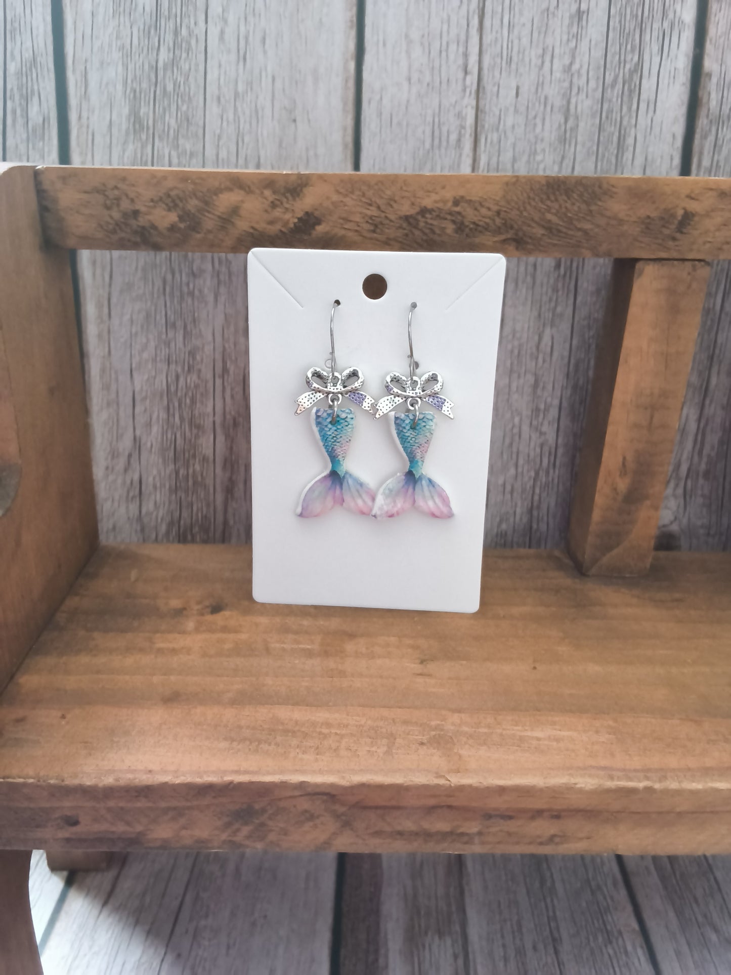 Pastel Mermaid Tail Clay Earrings with Silver Bow Accents