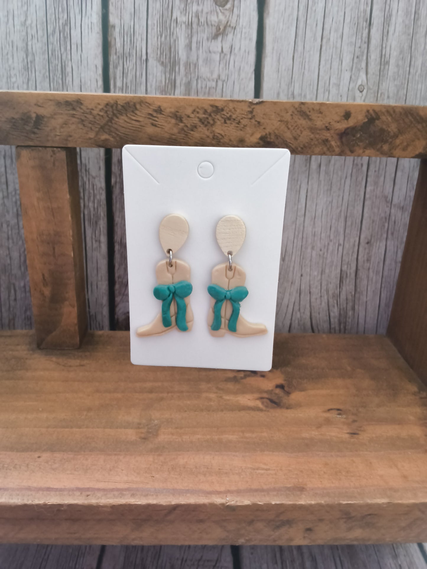 Cream Polymer Clay Cowgirl Boot Earrings with Teal Bows With Wood Tear Stud Topper