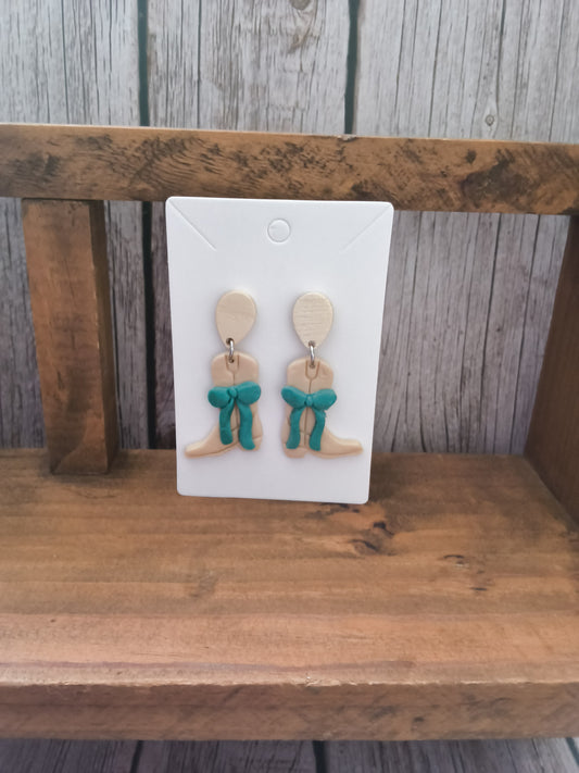 Cream Polymer Clay Cowgirl Boot Earrings with Teal Bows With Wood Tear Stud Topper