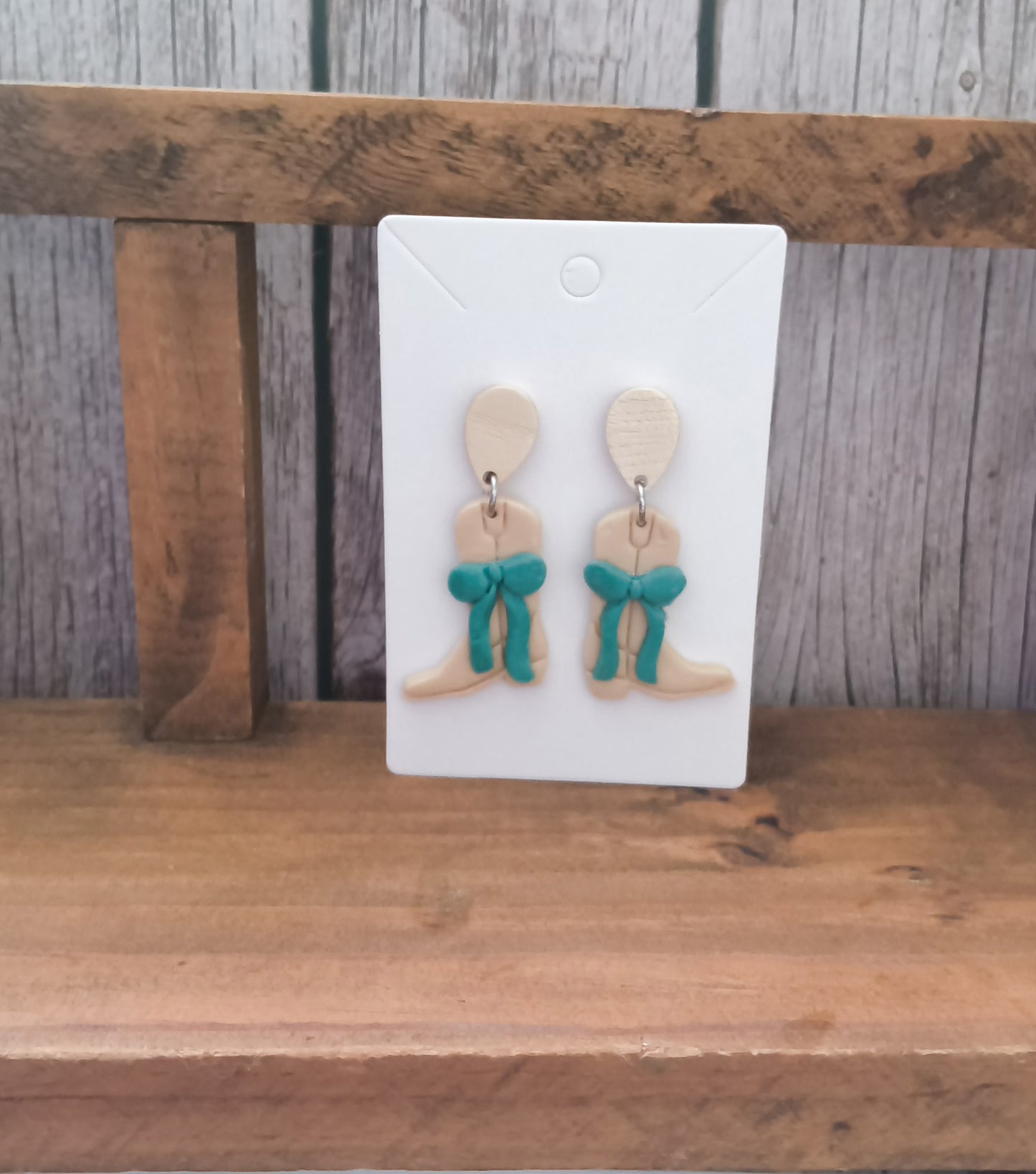 Coastal Cowgirl Polymer Clay Boot Earrings with Turquoise Bows