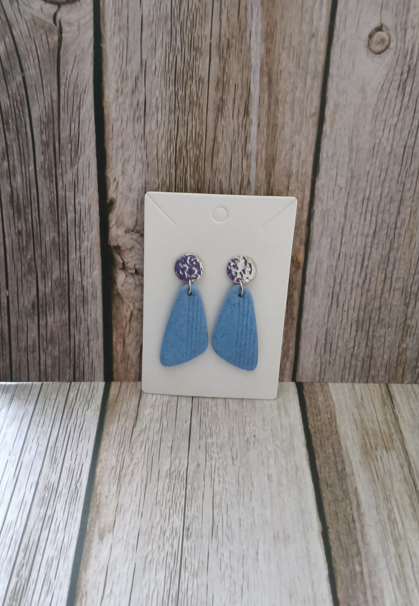 Textured Denim Blue Geometric Dangles with Patterned Coin Studs
