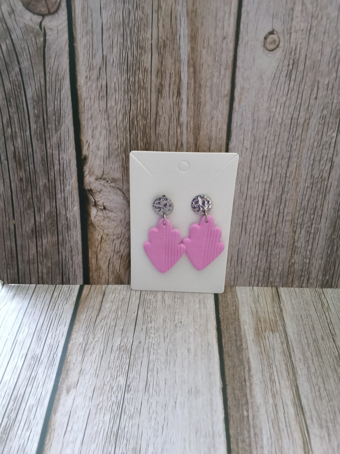 Pink Fan Drop Earrings with Hammered Silver Studs