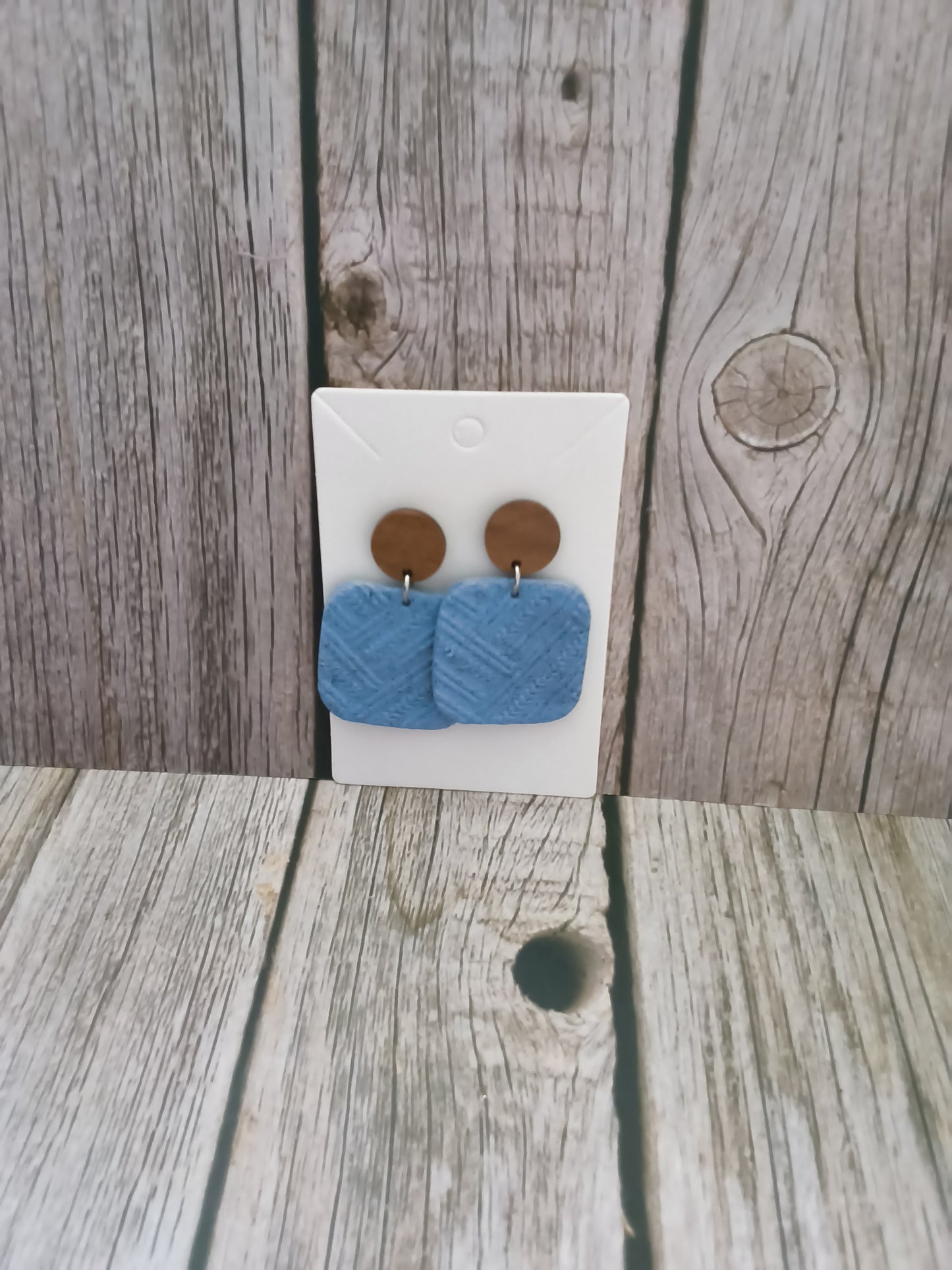 Textured Denim Blue Square Drop Earrings with Earthy Brown Studs
