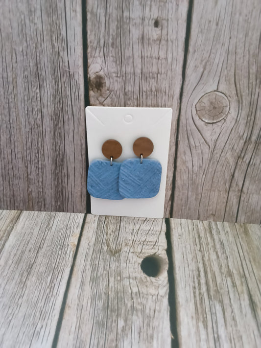 Textured Denim Blue Square Drop Earrings with Earthy Brown Studs