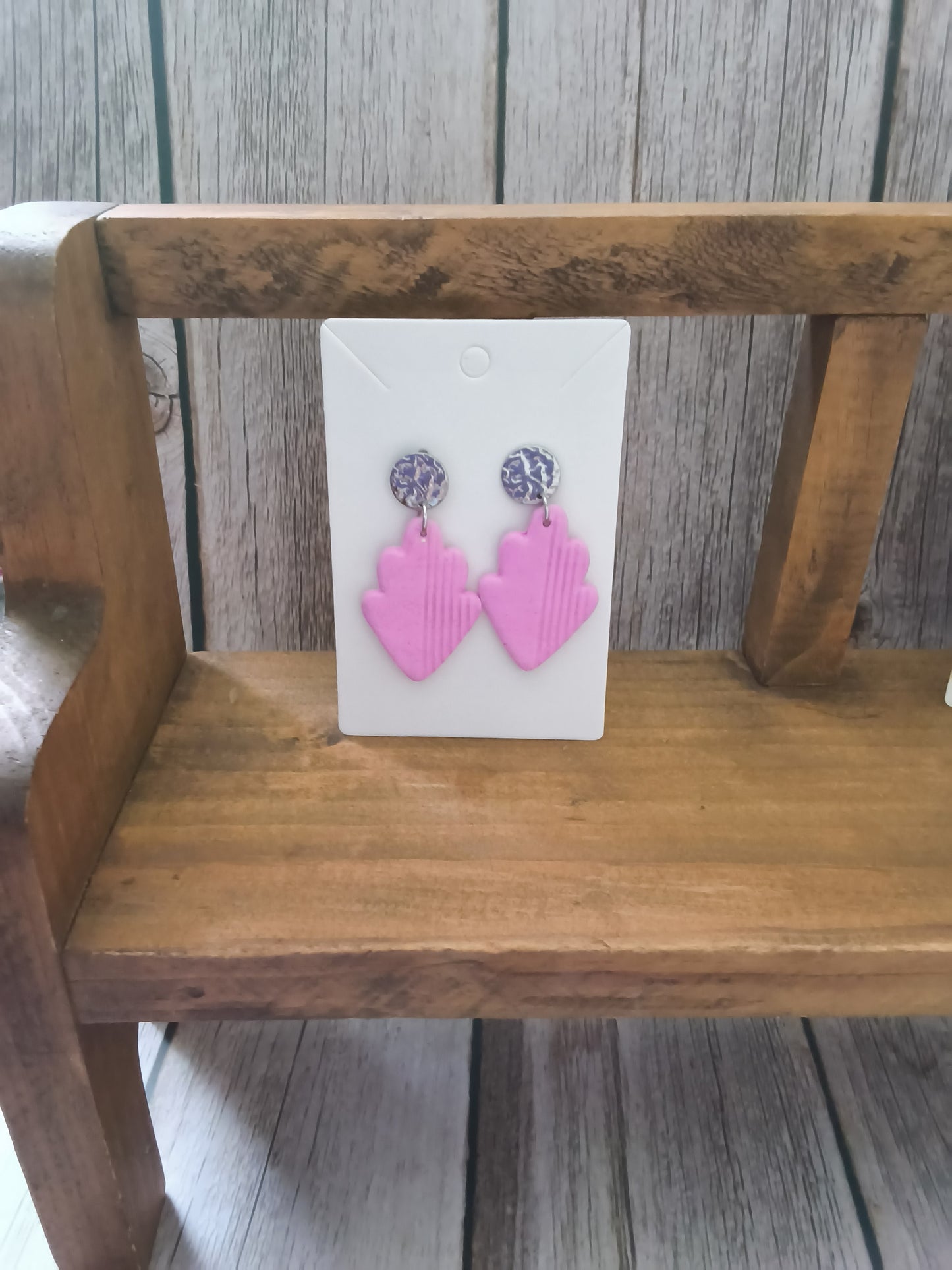 Pink Fan Drop Earrings with Hammered Silver Studs