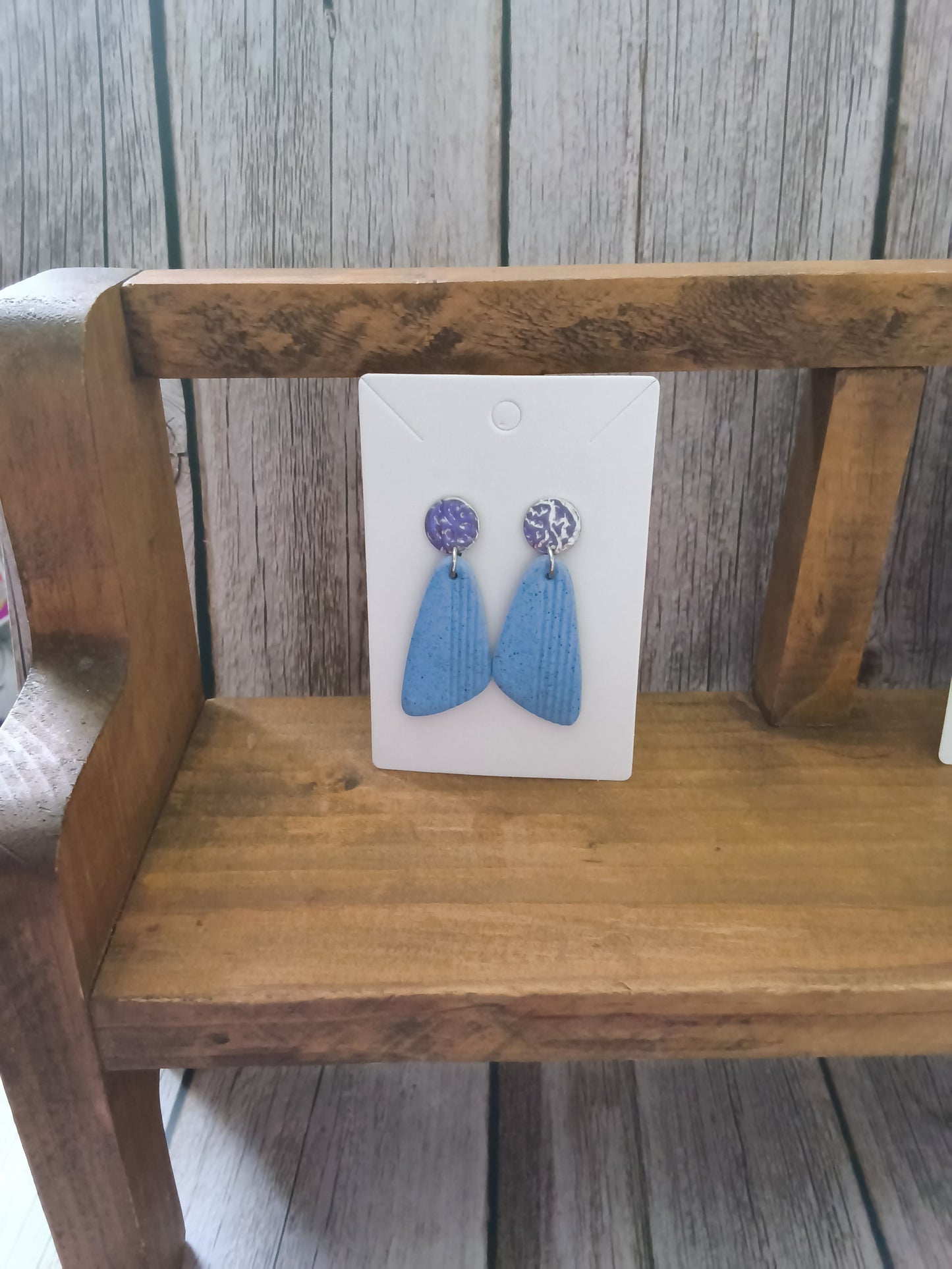 Textured Denim Blue Geometric Dangles with Patterned Coin Studs