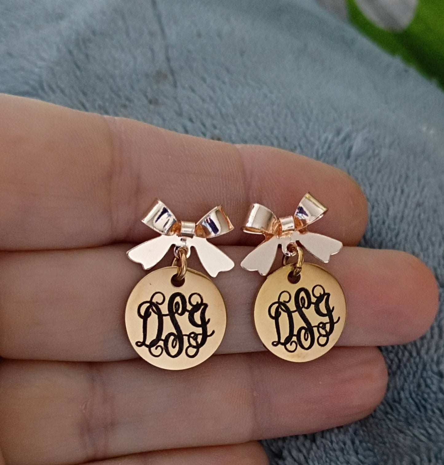 Rose Gold Monogrammed Bow Earrings