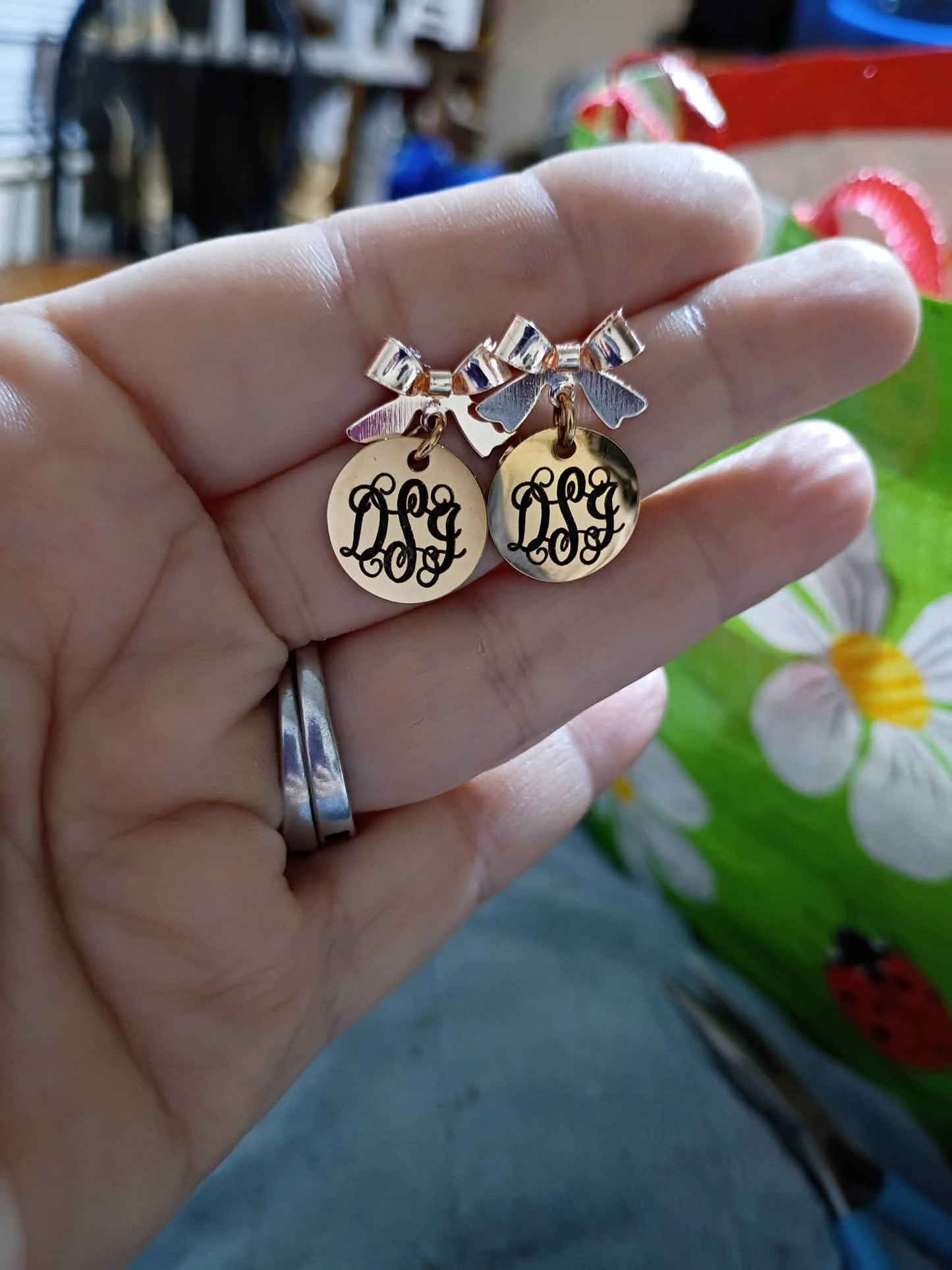 Rose Gold Monogrammed Bow Earrings