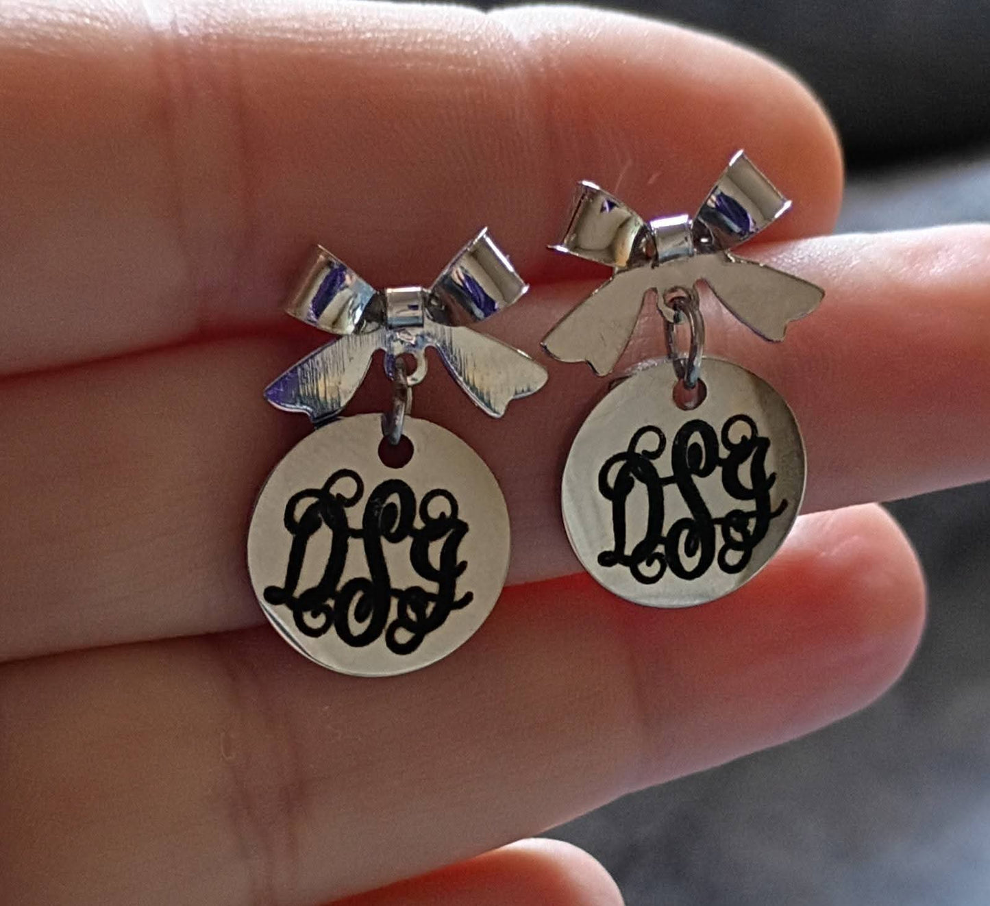 Stainless Steel Silver Monogrammed Bow Earrings