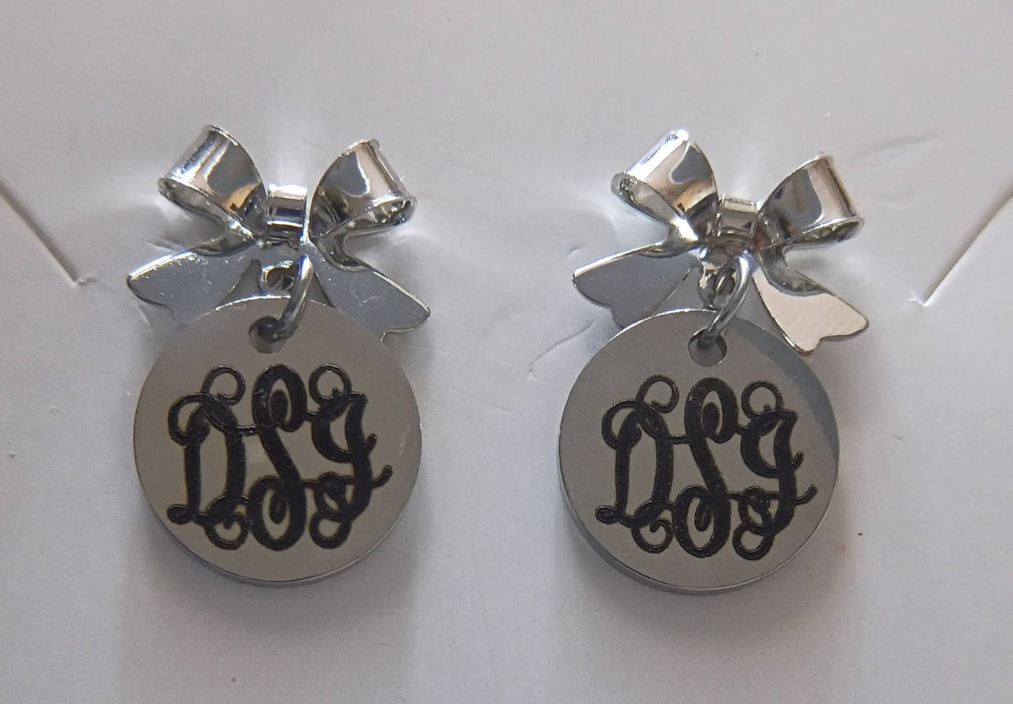 Stainless Steel Silver Monogrammed Bow Earrings