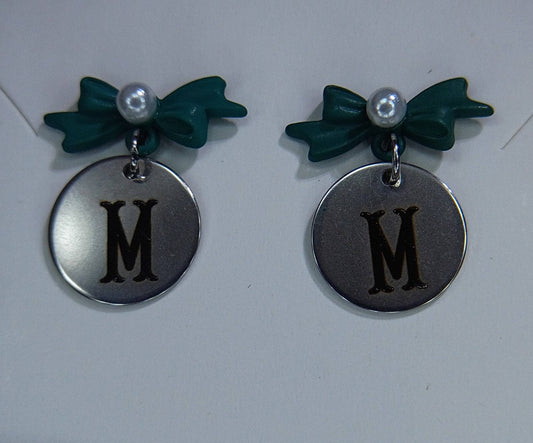 Green with Imitation Pearl (Letter M) bow stud earrings